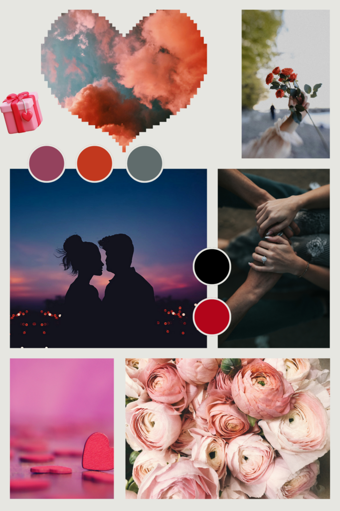 Valentine's Day collage featuring heart-shaped sky, couple, rose, holding hands, and heart shapes, symbolizing love and connection.