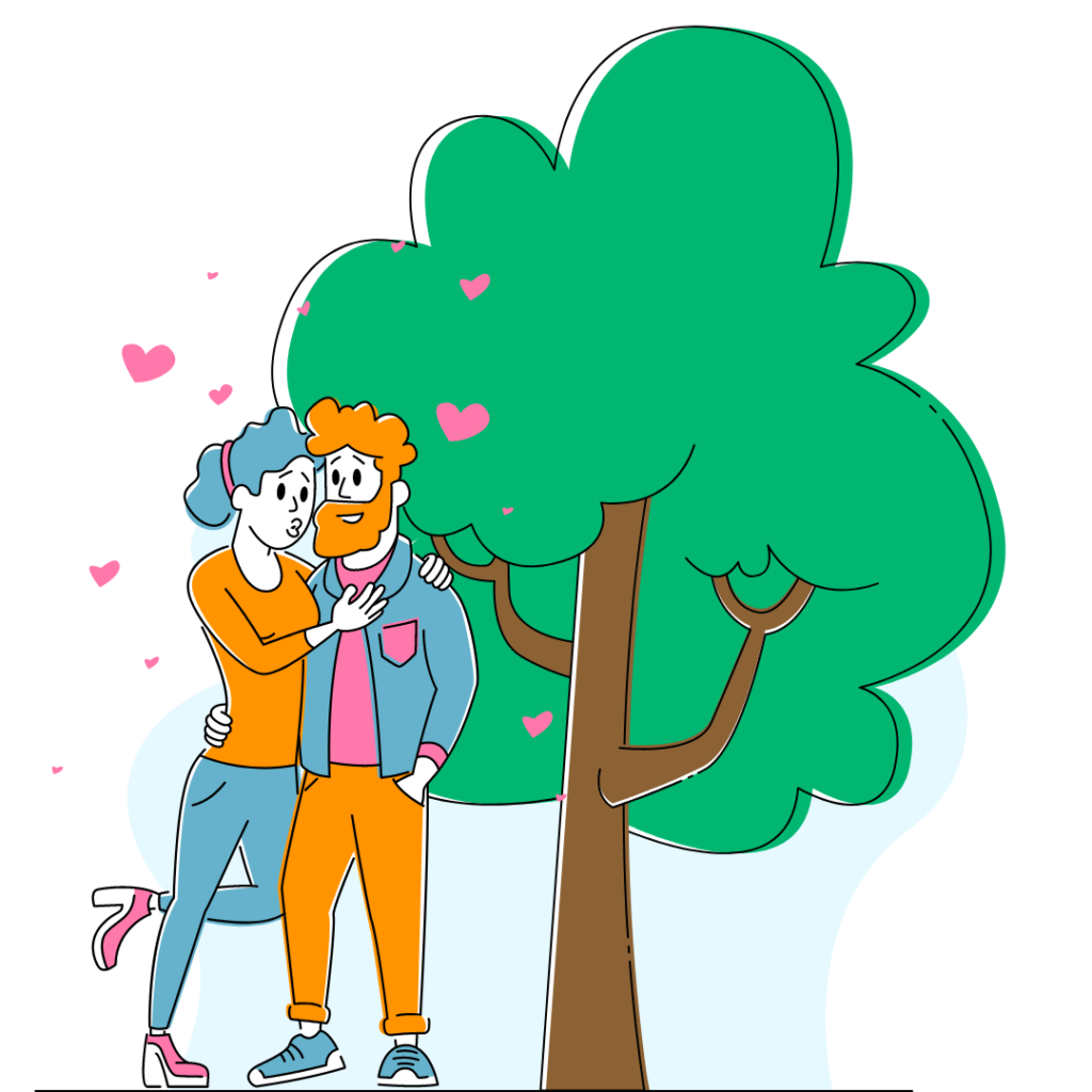 Animated couple sharing a moment under a green tree, symbolizing love and nature.